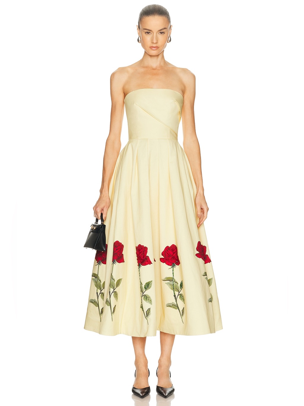 Lynn Midi Dress Strapless Cream Midi Dress With Red Rose Embroidery